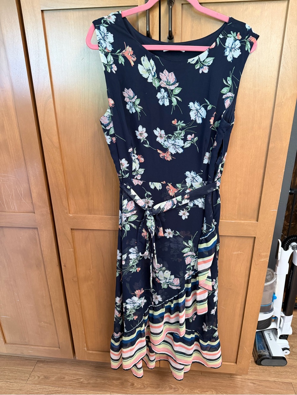 Sandra Darren Navy Floral Midi Dress with Multicolor Striped Hem